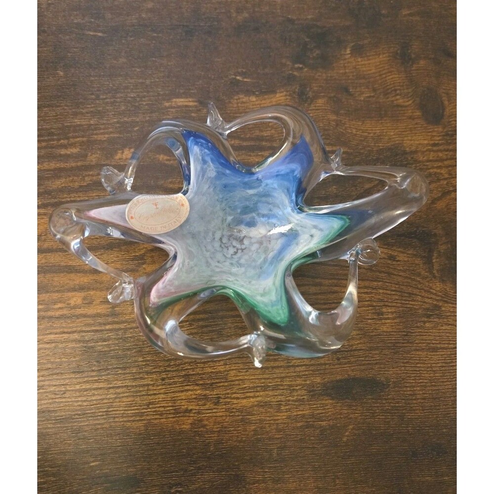 Murano Glassware Splash Starfish Trinket Dish Clear Blue Green Crystal Clear